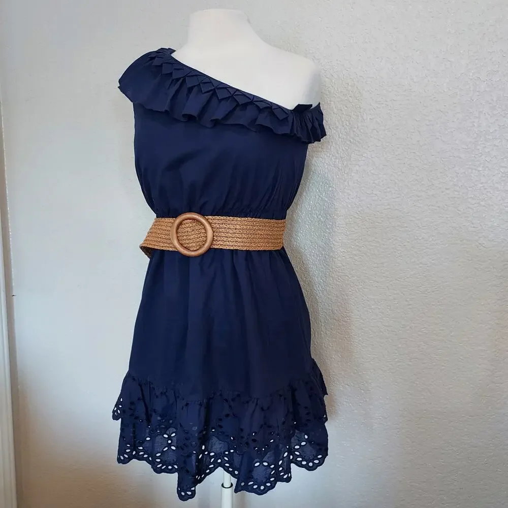 Nine West Blue One Shoulder Lace Hem Dress w/Belt Size 10P - Picture 7 of 11